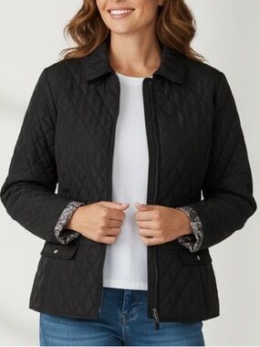 New York & Company Quilted Fall Jacket Black Lightweight Zip Front Peplum Size L